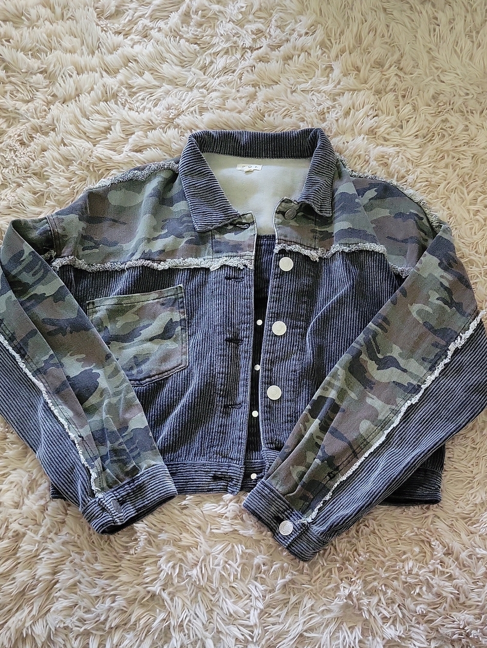 POL Cropped Corduroy Jacket with Camo Panels - Green/Gray